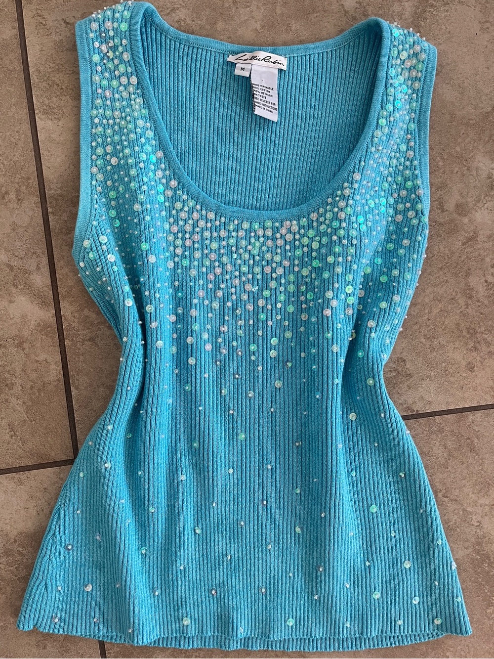 VTG Y2K sequin tank blue embellishments glitter sparkly Lillie Rubin playground
